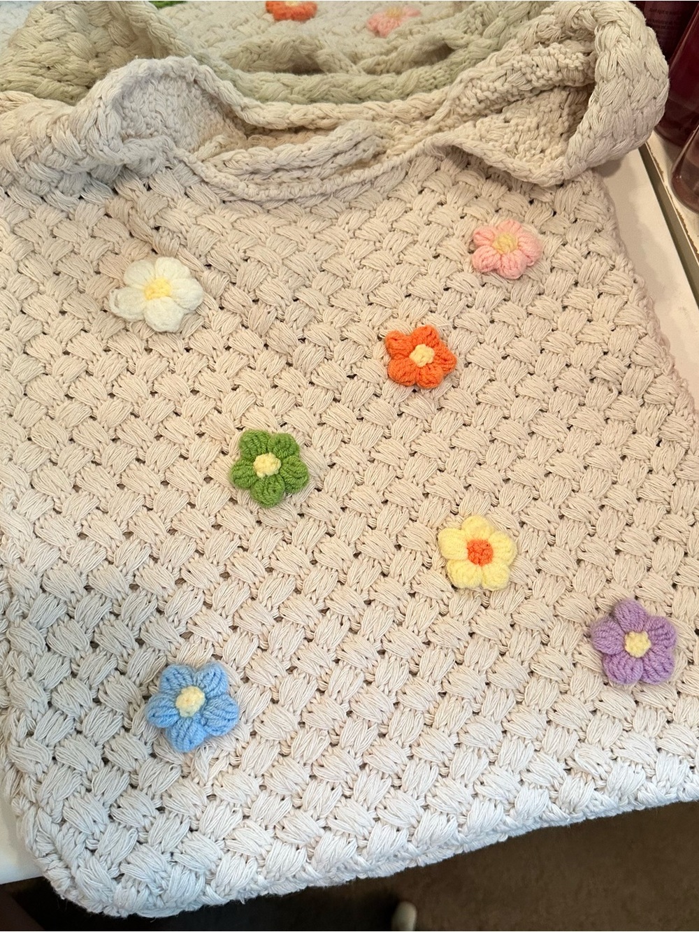 Cream Crochet Tote with Colorful Crochet Flowers